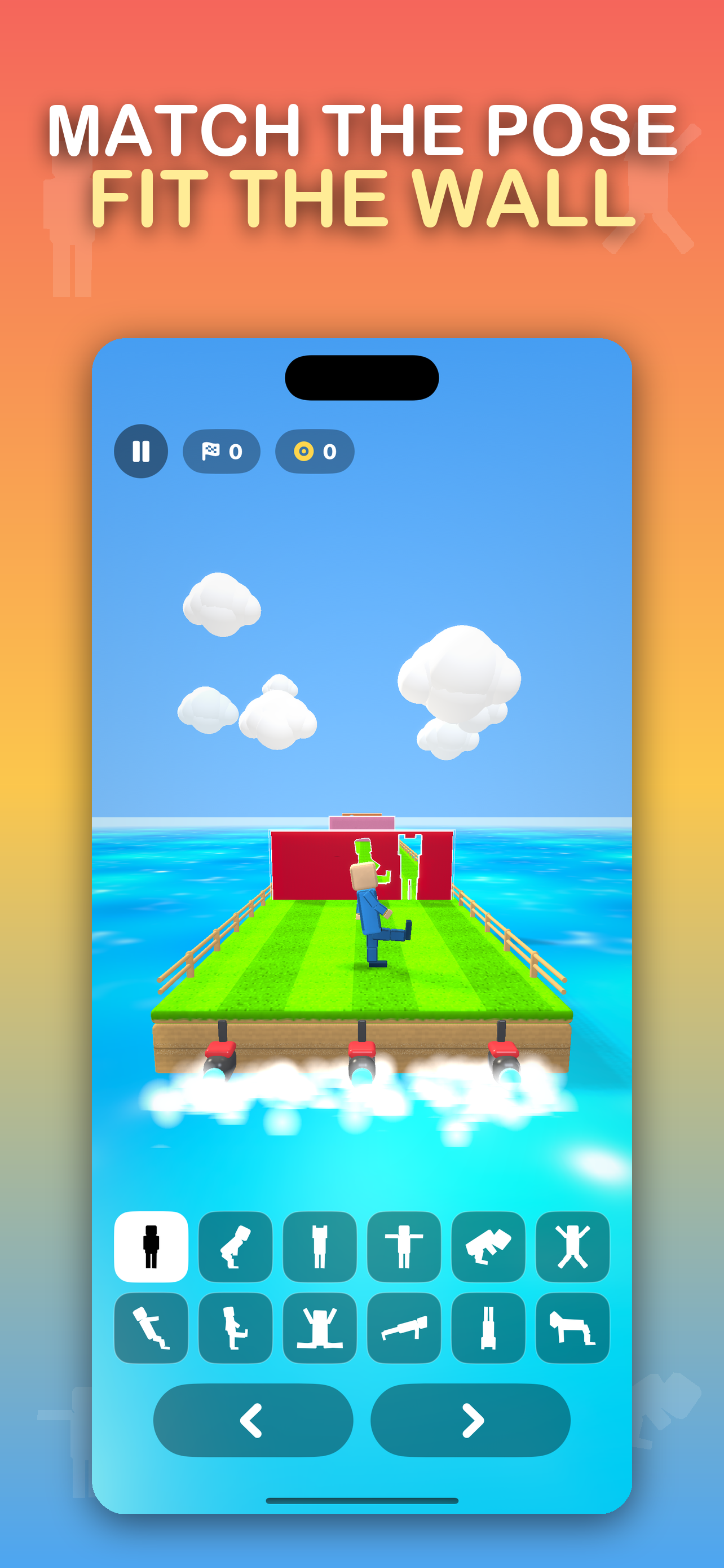 Squeeze gameplay: a character lines up with a wall whose hole matches the pose to strike