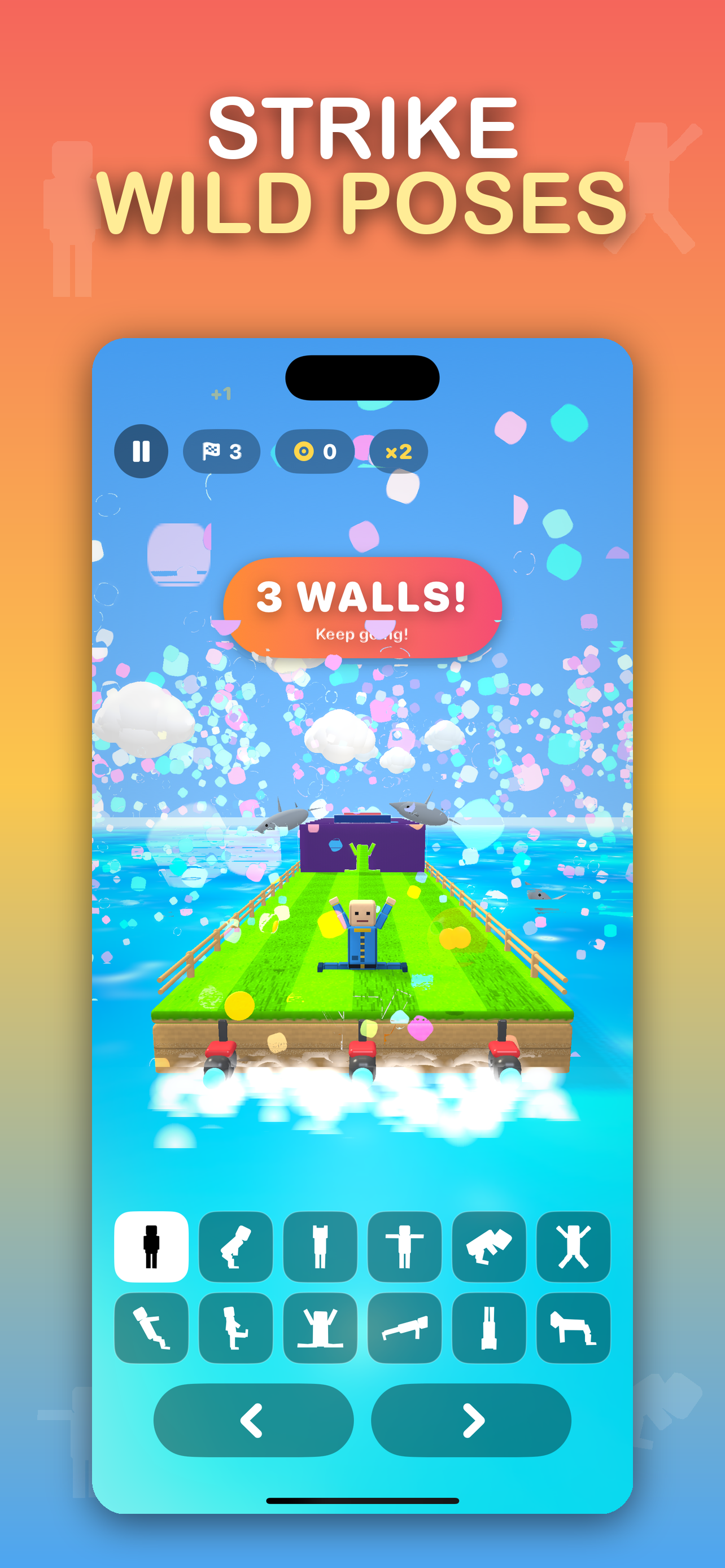 Squeeze gameplay: the character strikes a wild pose to slip through a fast-approaching wall