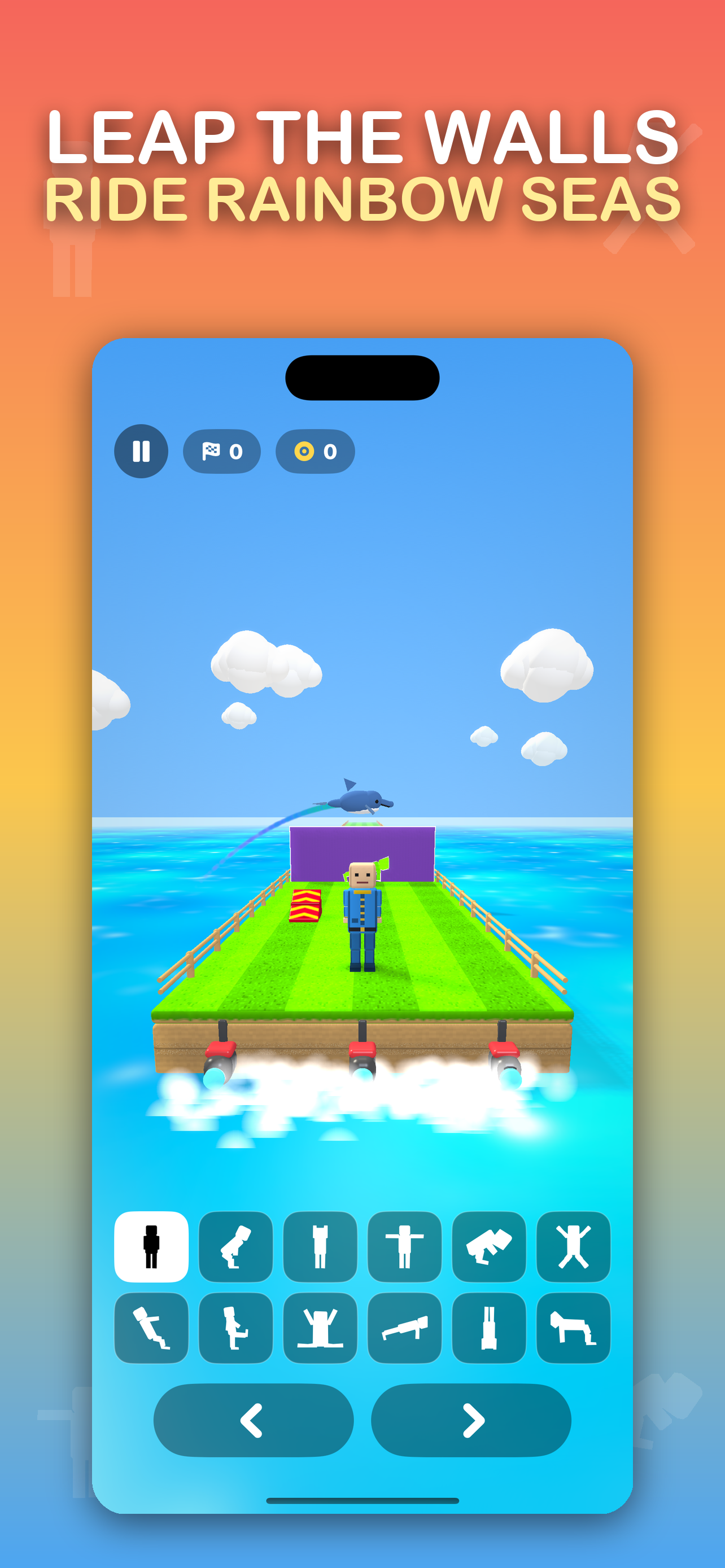Squeeze gameplay: a dolphin leap arcs over the walls above shimmering rainbow seas